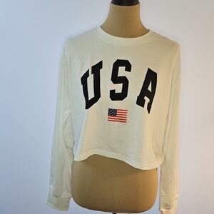 USA Graphic White Cropped Sweatshirt Long Sleeve Pullover - L